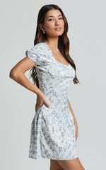 Norma Mini Dress - Sweetheart Short Puff Sleeve Fit and Flare Dress in Floral Print