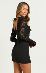 Vasquez Mini Dress - Lace Sleeve Front Tie Detail Dress in Black