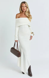 Karina Midi Dress - Long Sleeve Folded Off Shoulder Asymmetric Dress in Cream