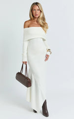 Karina Midi Dress - Long Sleeve Folded Off Shoulder Asymmetric Dress in Cream