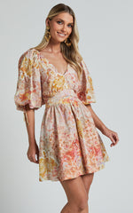 Amalie The Label - Movida Linen Blend Balloon Sleeve Crossover Band Mini Dress in Morocco Print