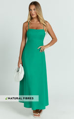 Brette Midi Dress - Linen Straight Neck Strappy Fit And Flare Dress in Green
