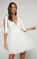Karalyn Mini Dress - Bow Strap Plunge Pearl Detail Dress in White