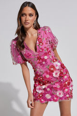 Wren Mini Dress - Puff Sleeve Bodycon 3d Garden Flowers Dress in Magenta