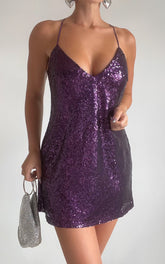 Delilaah Mini Dress - Strappy V Neck Slip Sequin Dress in Purple Sequins