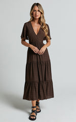 Cryzel Midi Dress - Flutter Sleeve Tiered Dress in Chocolate