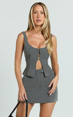 Fiona Mini Skort - Pinstripe Waistband Fly Front Fitted Skirt in Dark Grey