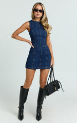 Olenna Mini Dress - High Neck Fitted Denim Dress in Indigo Wash