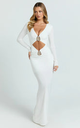 Dakota Maxi Dress - Long Sleeve V Neck Bodycon Dress in Cream
