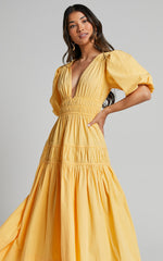 Mellie Midi Dress - Puff Sleeve Plunge Tiered Dress in Pineapple