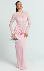 Crisanta Maxi Dress - Long Sleeve Contrast Lace Bodycon Dress in Pink