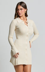 Kelsey Mini Dress - Button Through Long Sleeve Knit Dress in Cream