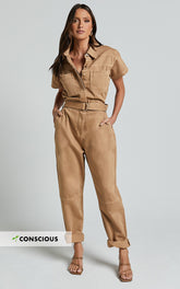 Amalie The Label - Havanah Recycled Cotton Denim Boiler Jumpsuit in Tobacco