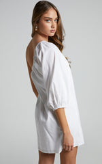 Estella Mini Dress - One Shoulder Puff Sleeve Shift Dress in White