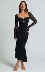Arabella Midi Dress - Bust Detail Ruched Mesh Midi with Cut Out Detail in Black