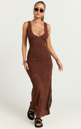 Taylor Midi Dress - Crochet Knit Scoop Neck Dress in Chocolate