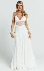 Ysolde Maxi Dress - V Neck Low Back Fit And Flare Dress in White