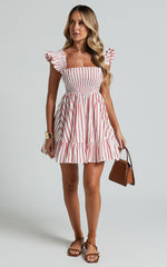 Brynlee Mini Dress - Elastic Chest Flutter Sleeve Hem Dress in Red Stripe