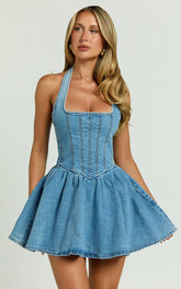 Hayes Mini Dress - Halter Neck Corset Bodice Dress in Mid Blue Wash