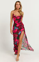 Talia Maxi Dress - Cowl Neck Low Back Dress in Hyper Tropical Print