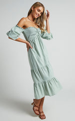 Nikka Midi Linen Dress - Shirred Off Shoulder Puff Sleeve Dress in Sage