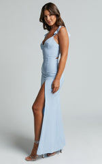More Than This Maxi Dress - Ruffle Strap Thigh Split Dress in Light Blue