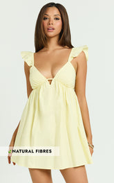 Maisy Mini Dress - Ruffle Sleeve V Neck Dress in Yellow