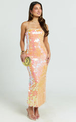 Casey Midi Dress - Square Neck Sequin Bodycon Dress in Peach