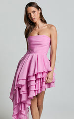 Amalie The Label - Everly Strapless Asymmetrical Tiered Mini Dress in Pink