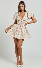 Evans Mini Dress - Short Sleeve Shirred Back Plunge Dress in Pink Floral