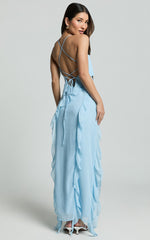 Connie Midi Dress- Ruffle Detail Dress in Blue