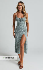 Willa Midi Dress - Ruched Bust Thigh Split Dress in Olive Floral