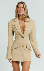 Shelley Mini Dress - Collared Double Breasted Blazer Dress in Beige