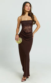 Rania Maxi Dress - Contrast Lace Bodice Bias Cowl Drop Waist Dress in Chocolate