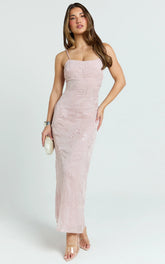 Elysia Maxi Dress - Sequin Straight Neck Tie Back Dress in Pale Pink