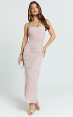 Elysia Maxi Dress - Sequin Straight Neck Tie Back Dress in Pale Pink