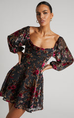 Jessell Mini Dress - Long Sleeve Cowl Corset Dress in Black Floral