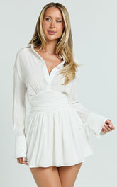 Valerie Mini Dress - Collared Long Sleeve Corset Waist Shirt Dress in White