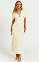 Desiree Midi Dress - V Neck Flutter Short Sleeve Slip Dress in Lemon
