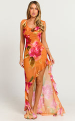 Theadore Maxi Dress - One Shoulder Asymmetric Hem Dress in Tropical Sunset