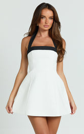 Broome Mini Dress - Contrast Halter Tie Tulip Skirt Dress in White/Black