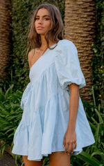 Harleen Mini Dress - Linen Asymmetrical Trim Puff Sleeve Dress in Light Blue