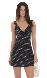 Satin Polka Dot V-Neck Dress in Black
