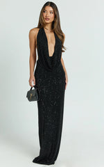 Felix Maxi Dress - Low Cowl Neck Bodycon Tie Back Dress in Black