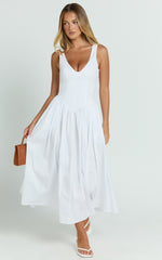 Beckett Midi Dress - Scoop Neck Drop V Waist Gathered Skirt Dress in White
