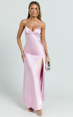 Heidi Maxi Dress - Satin Ruched Bust Tie Back Dress in Pink