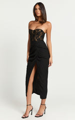 Janet Midi Dress - Strapless Sweetheart Draped Skirt Dress in Black