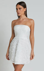 Violeta Mini Dress - Strapless 3d Floral Dress in White