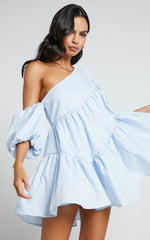 Harleen Mini Dress - Linen Asymmetrical Trim Puff Sleeve Dress in Light Blue