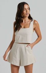 Salvador Two Piece Set - Linen Sleeveless Crop Top and High Waisted Tailored Shorts in Oatmeal